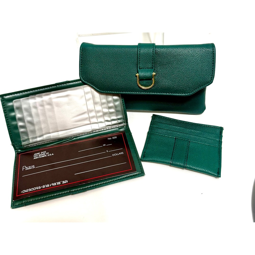 Forest Green Pebbled Faux Leather 3-Piece Wallet Set Checkbook Card Holder Gold
